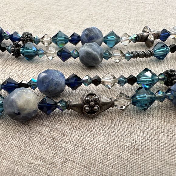 Sodalite Stone Pendant Crystal Beaded Double Strand Sterling Silver Necklace 11" - Picture 9 of 13